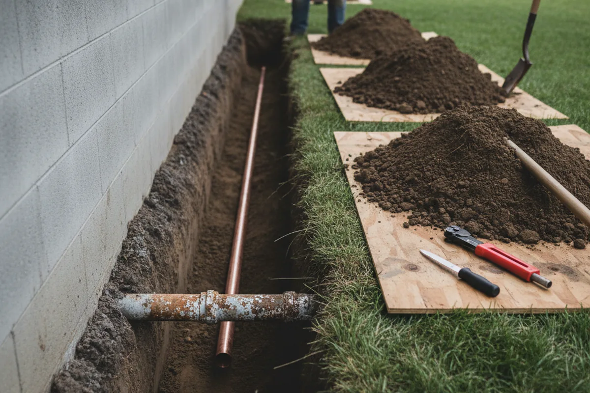 Excavated water line trench during Sewer Line Repair in Natick